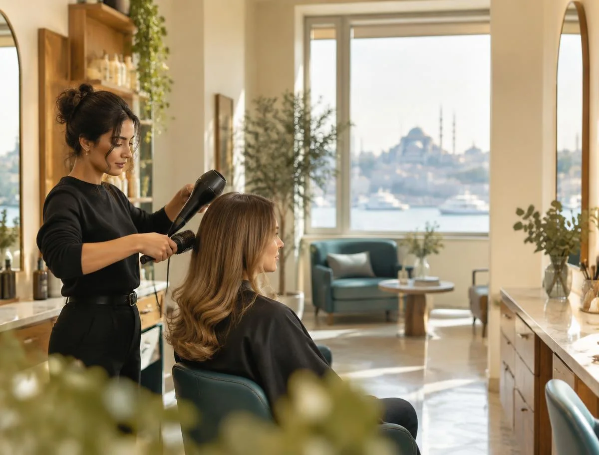 Pencere kenarında müşterisinin saçını şekillendiren kuaför