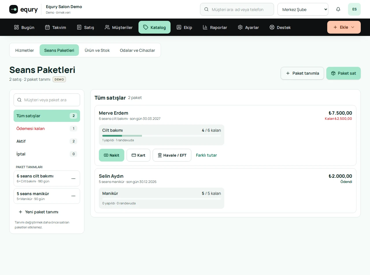 Equry Salon Paketler ve kalan seanslar demo ekranı