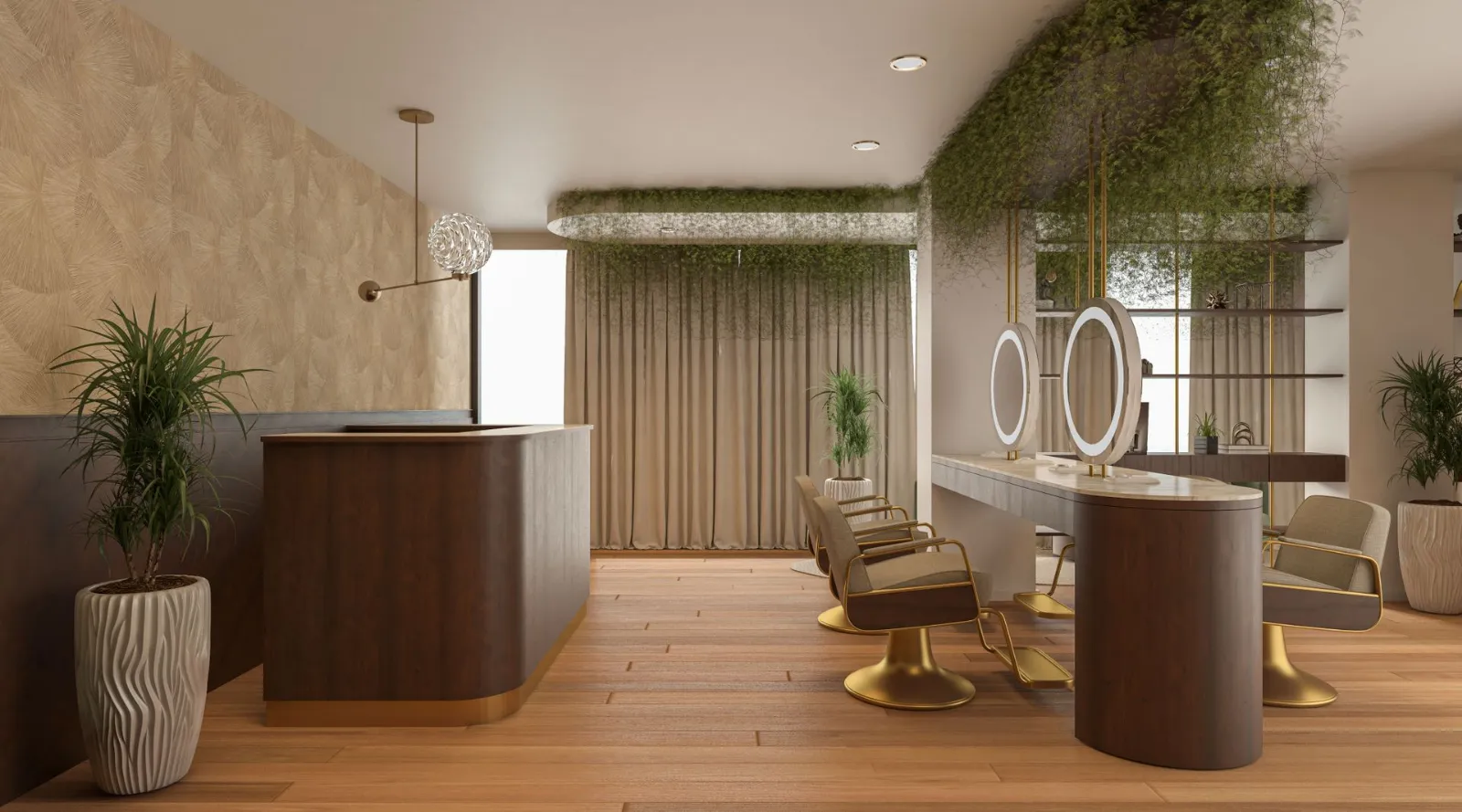 Yeşilliklerle dekore edilmiş modern, aydınlık bir salon