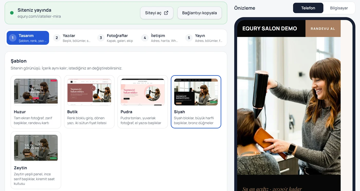 Equry Salon örnek web sitesi editörü: yayında olan site, beş adım, şablon seçimi ve telefon önizlemesi