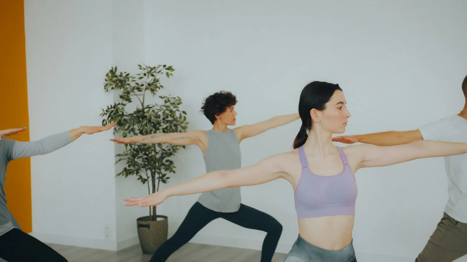 Aydınlık bir stüdyoda yoga dersi yapan grup